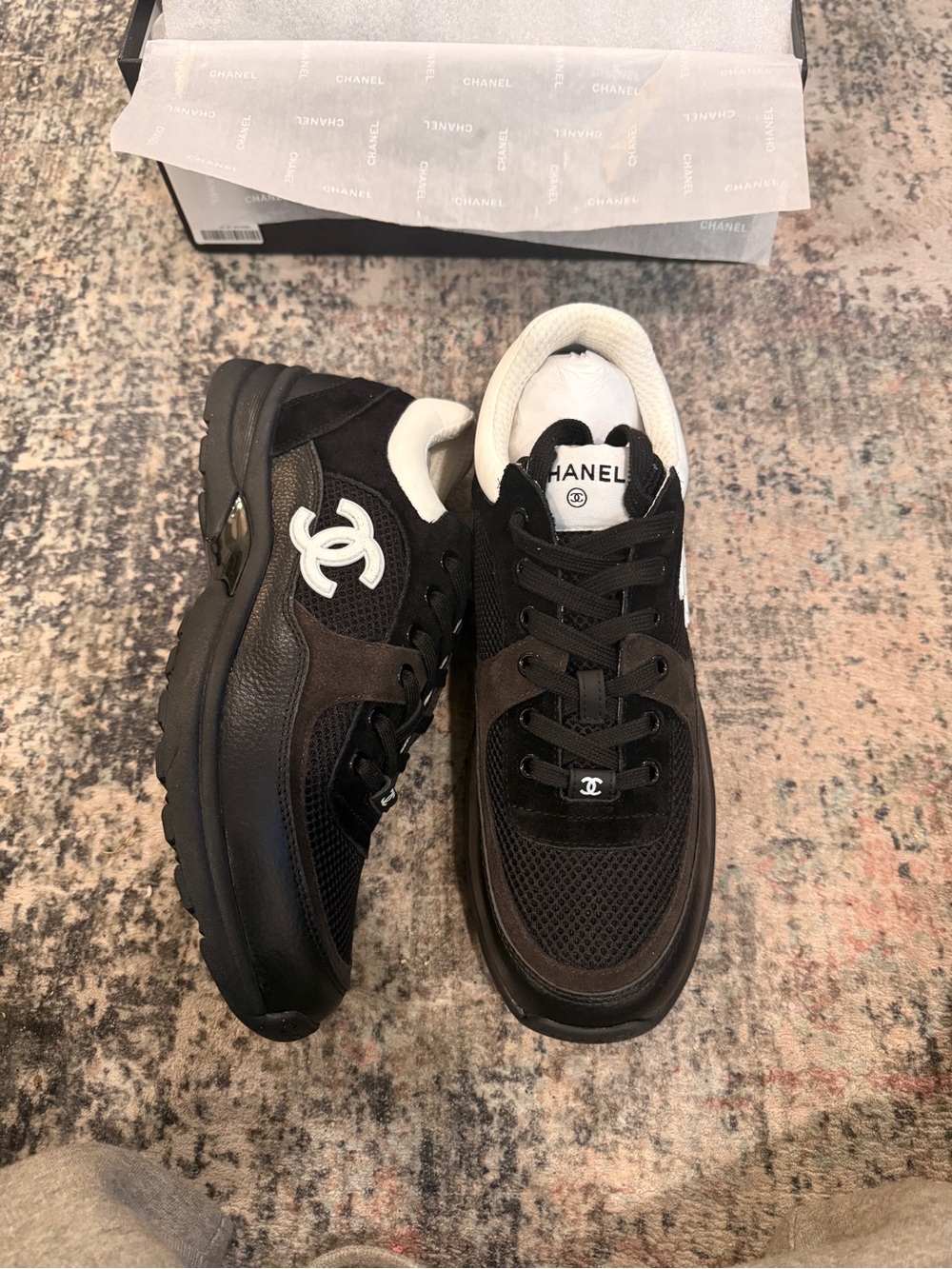 CHANEL Black and White Men's Sneakers with CC Logo